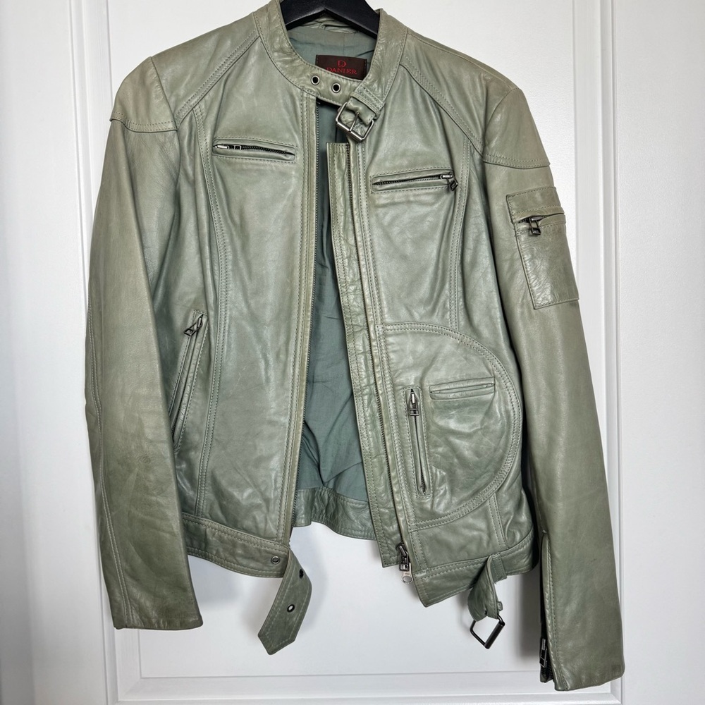 Vintage Danier Biker Moto Style Leather Jacket Sage Green